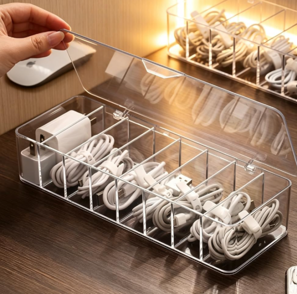8 Piece Clear Desktop Cable Organizer Boxes with Compartments